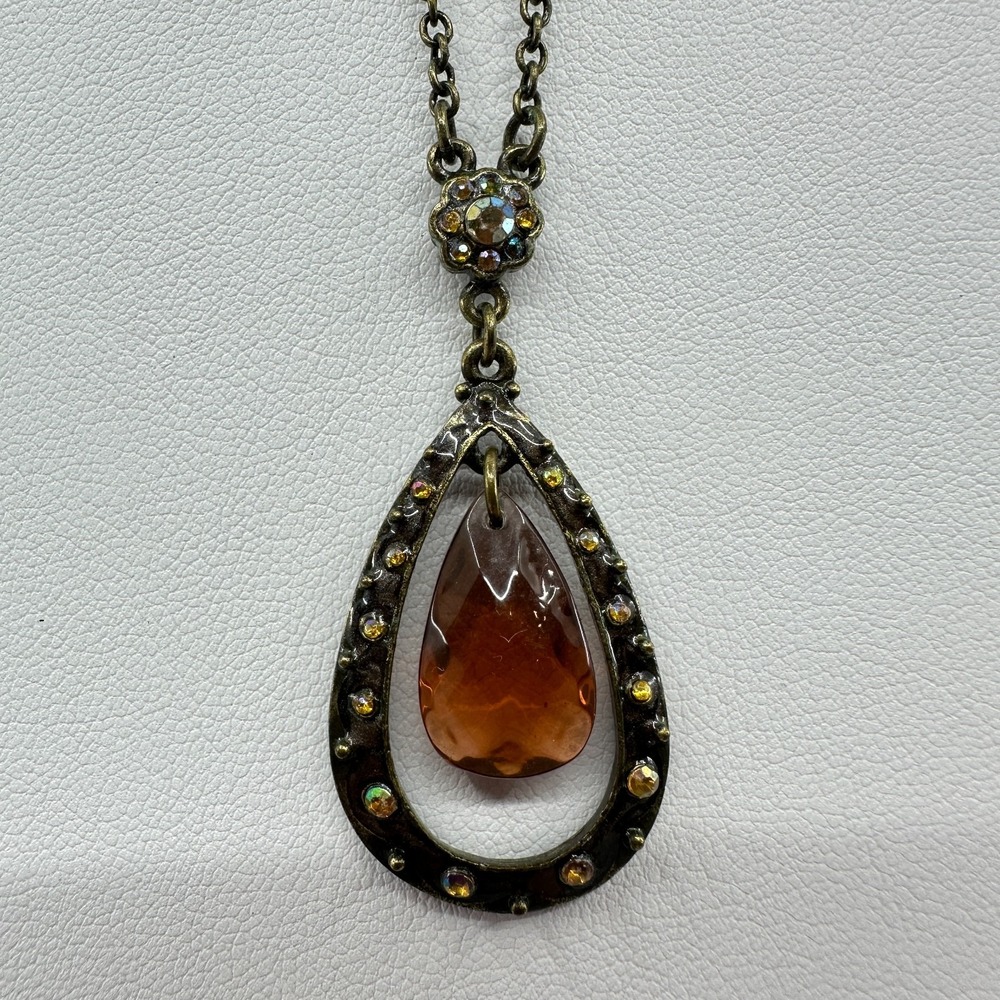 Antique Bronze Tone Amber Rhinestone Teardrop Pendant Necklace Gothic Victorian